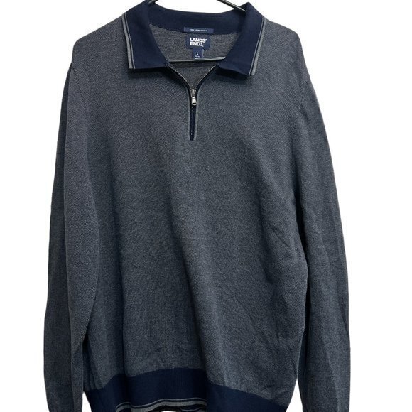 Lands End Supima Cotton Quarter Zip Sweater Contrast Trim Gray Navy Blue L 42-44 - Picture 1 of 8